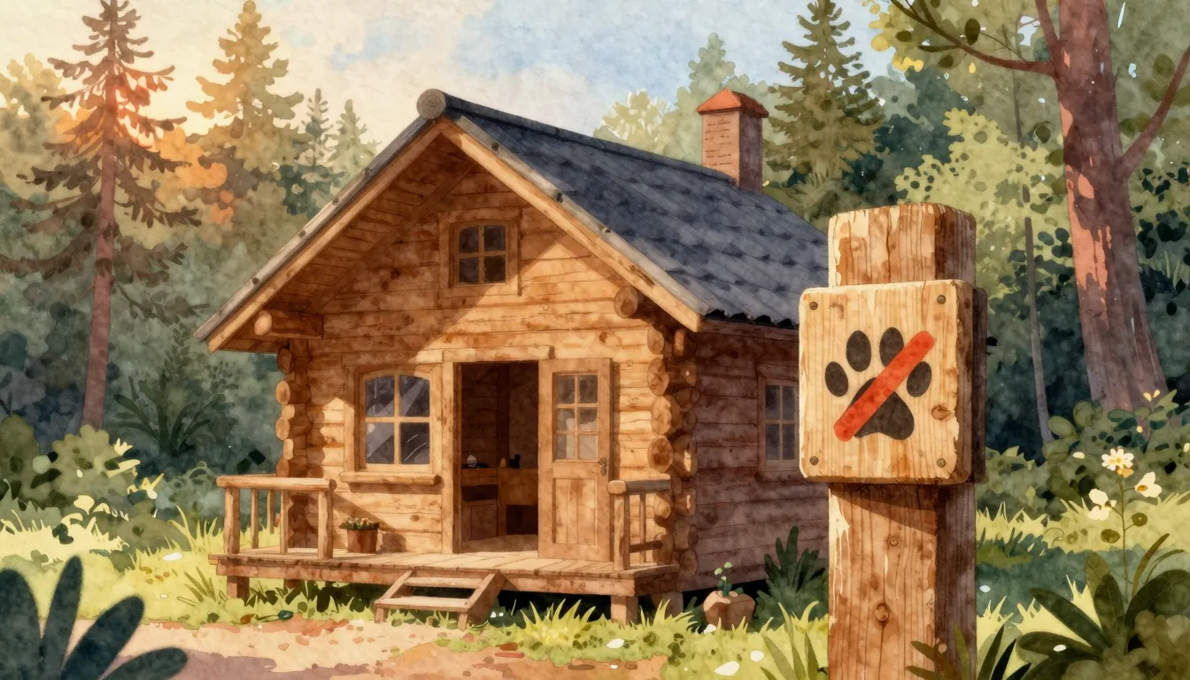 Watercolor style. Cozy wooden guest house in a forest, warm ...