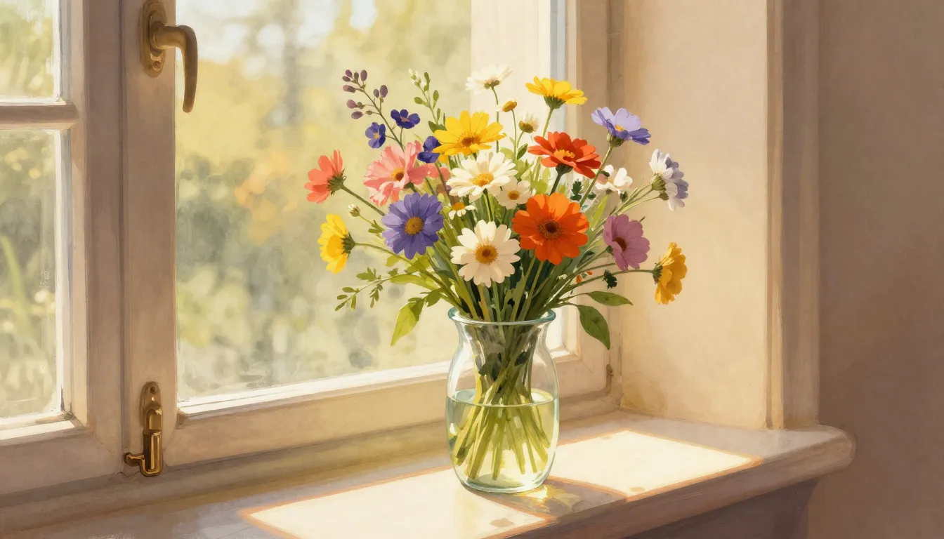 Watercolor style. A bright bouquet of colorful wildflowers i...