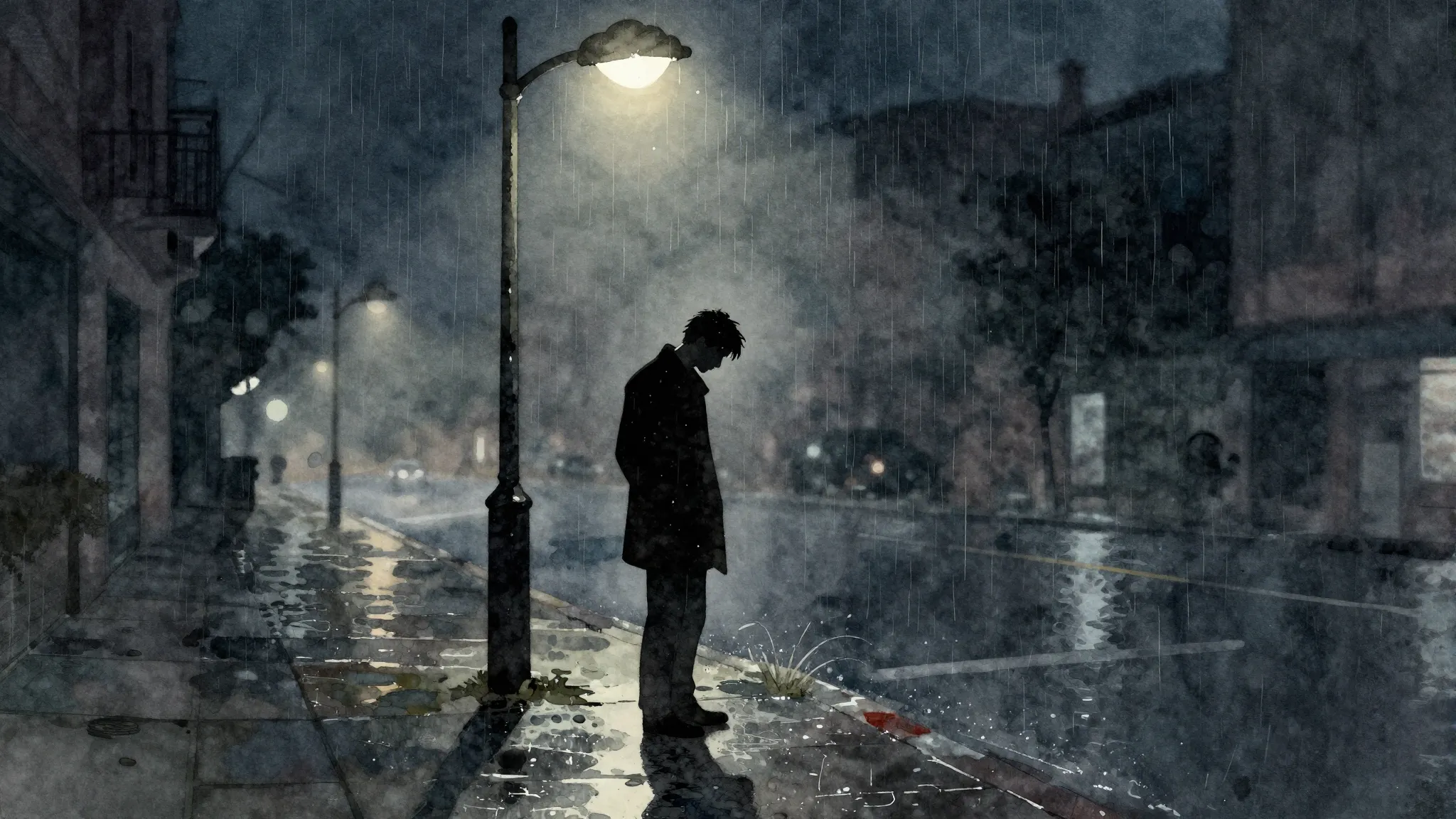 Watercolor style. A lone silhouette of a man stands under a ...