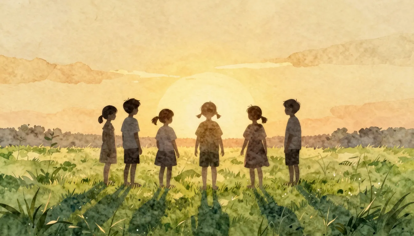 Watercolor style. Silhouettes of children standing in a circ...