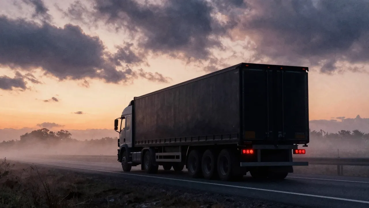 Watercolor style. Silhouette of a heavy truck on a misty hig...