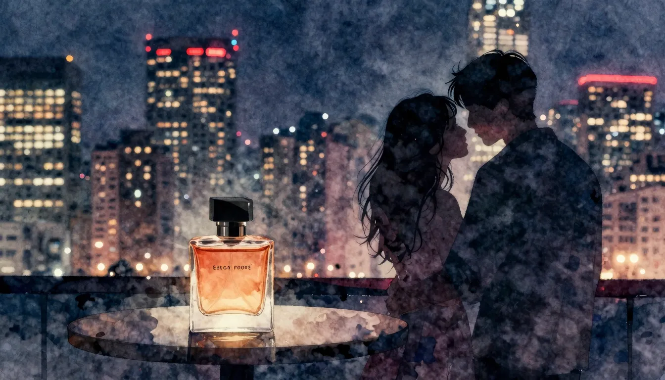 Watercolor style. A silhouette of a couple against a neon-li...