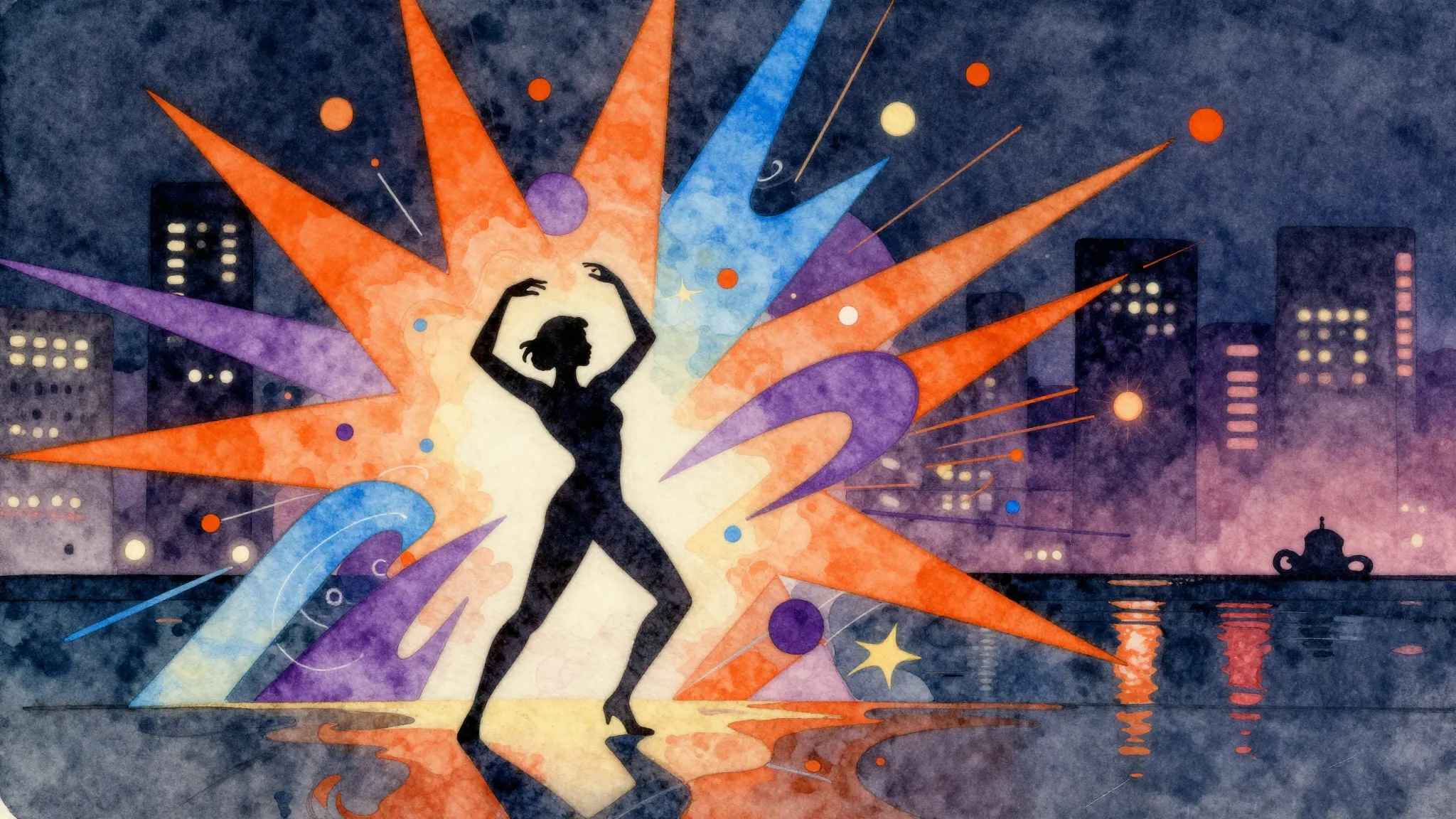 Watercolor style. A vibrant, abstract explosion of geometric...