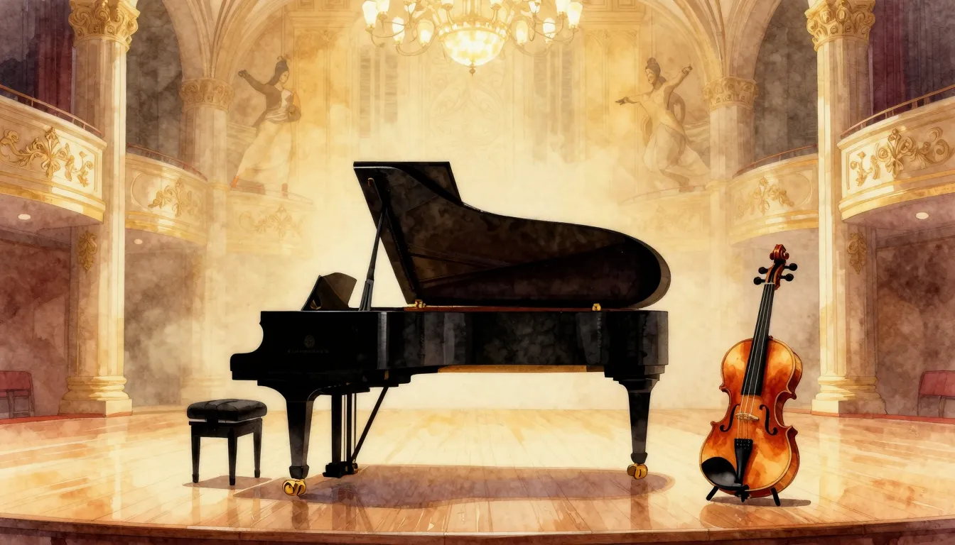 Watercolor style. Silhouette of a grand piano and a violin o...