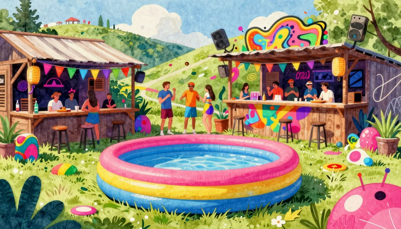 Vibrant watercolor style. Vibrant summer party scene at a ru...