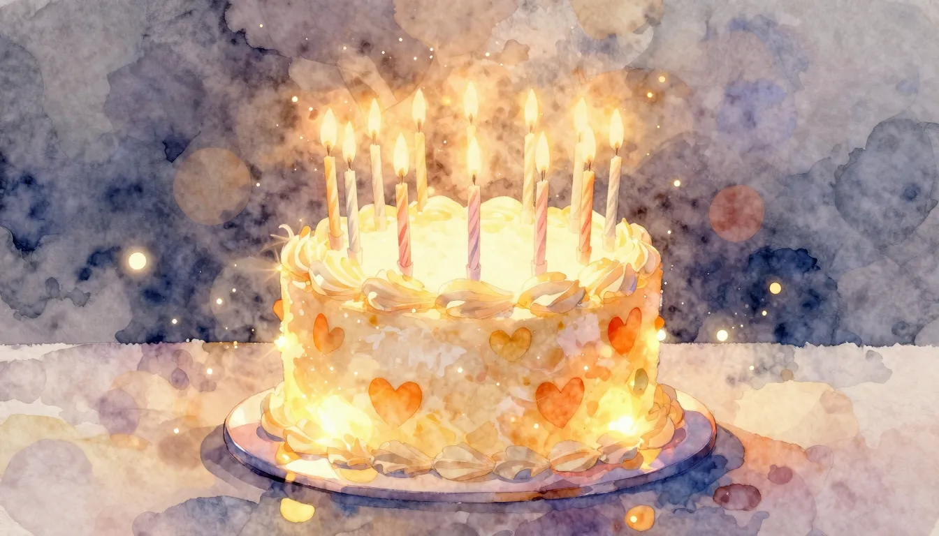 Watercolor style. A beautiful glowing birthday cake with 18 ...