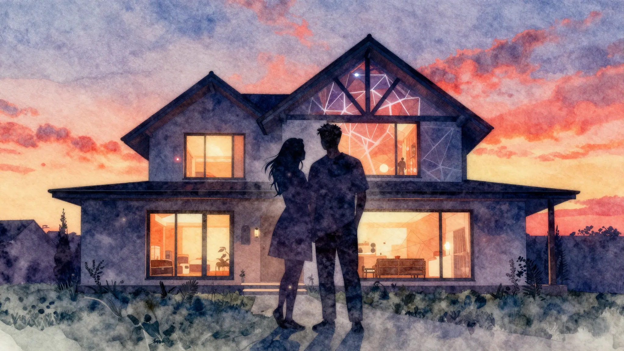 Watercolor style. A silhouette of a couple standing in front...