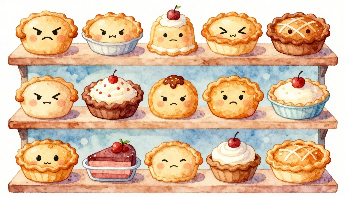 Watercolor style. A bakery shelf with various anthropomorphi...