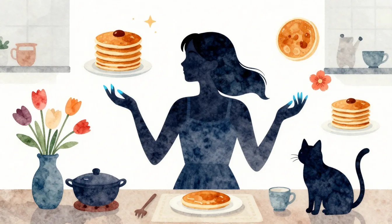 Watercolor style. A silhouette of an energetic woman in a ki...