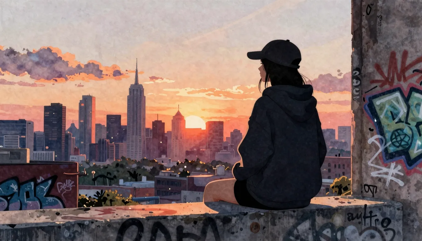 Watercolor style. A silhouette of a girl in a baggy hoodie a...