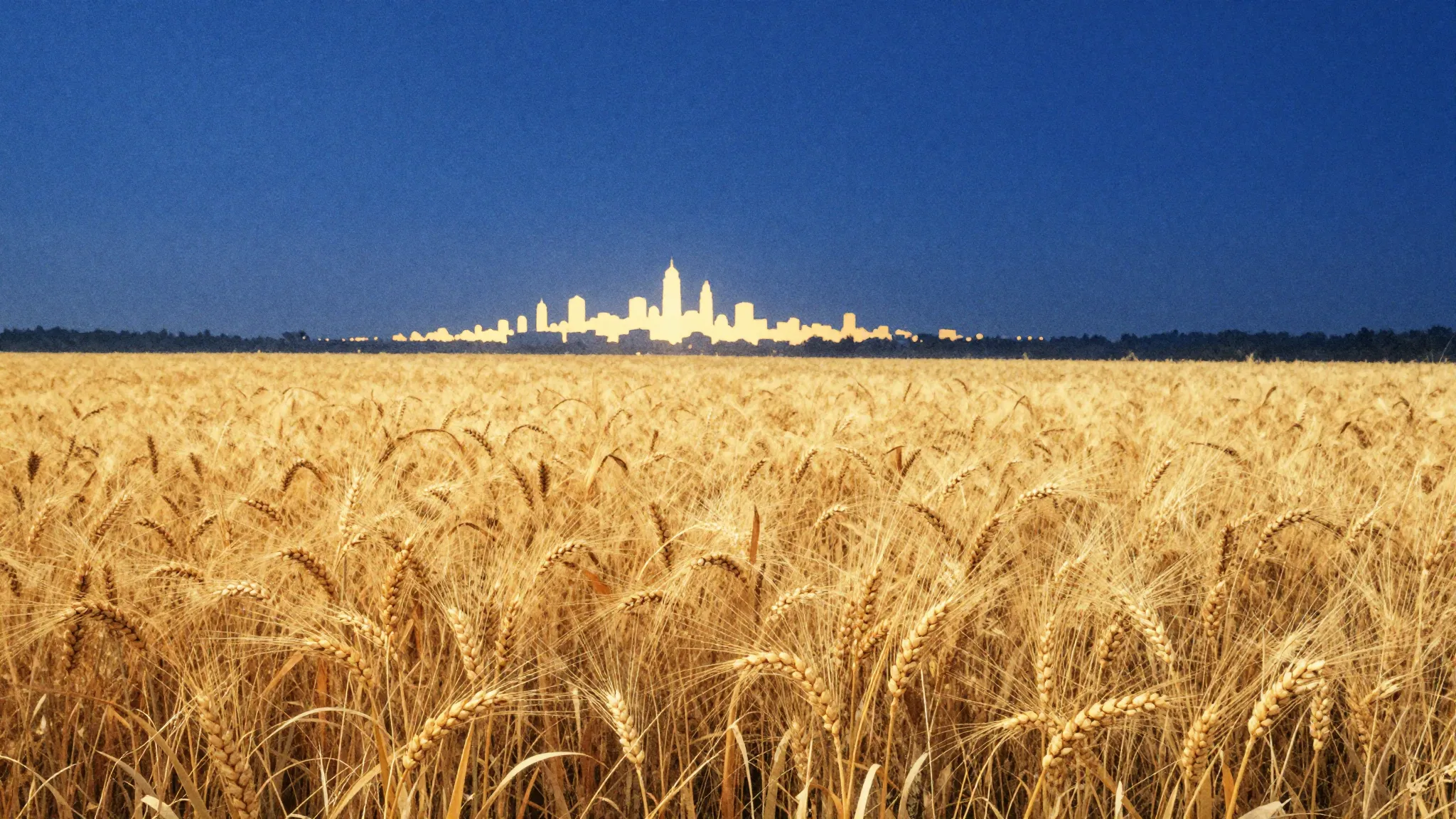 Watercolor style. Silhouette of a vast golden wheat field un...
