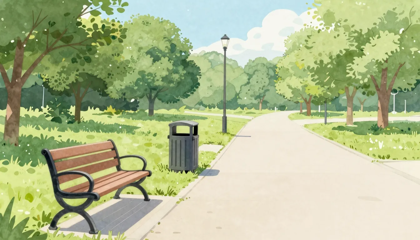 Watercolor style. A clean outdoor area with a bench and a pa...
