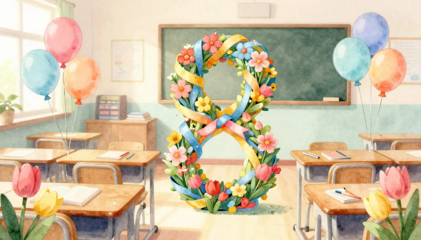 Watercolor style. Bright classroom, spring flowers on desks,...