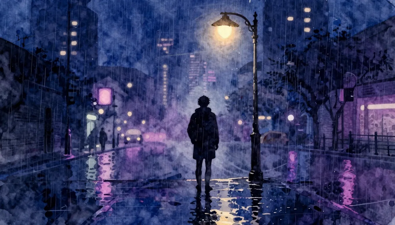 Watercolor style. Silhouette of a lonely figure standing und...