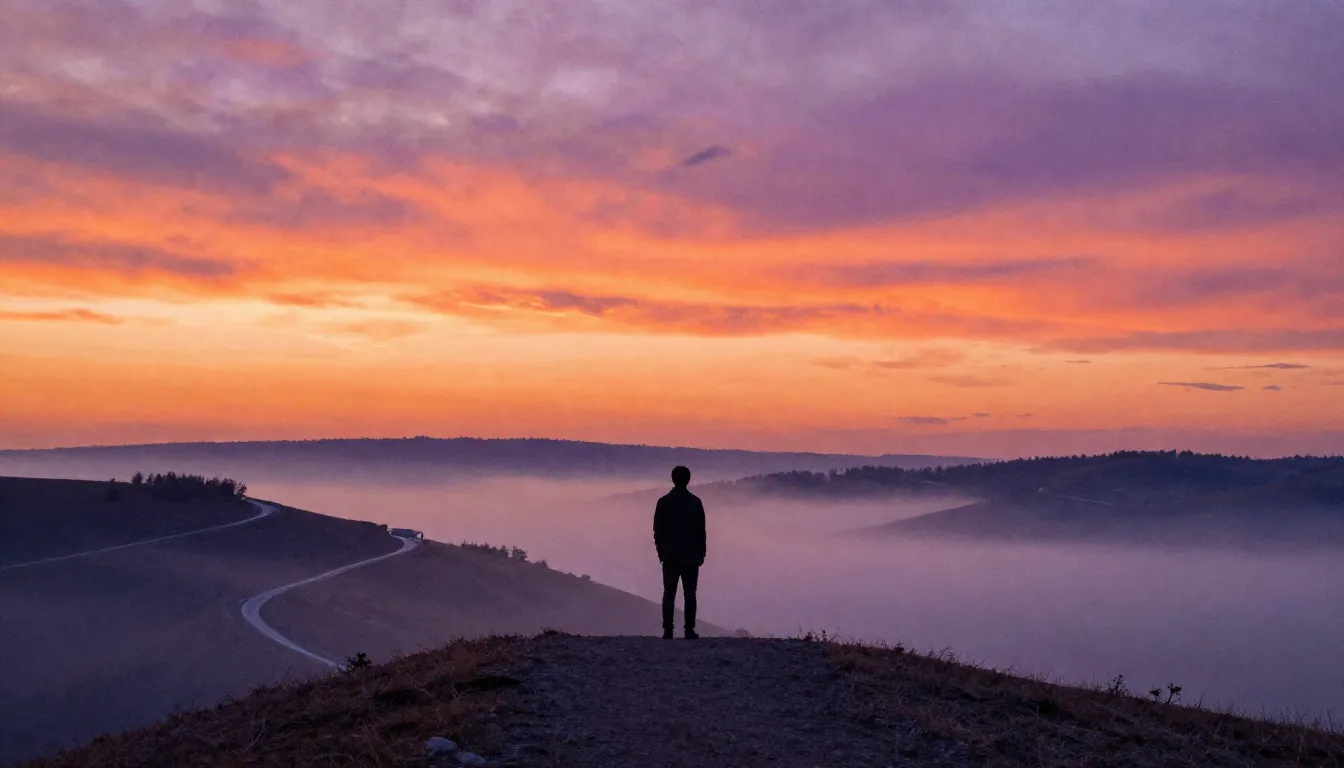 Watercolor style. A silhouette of a person standing on a hil...
