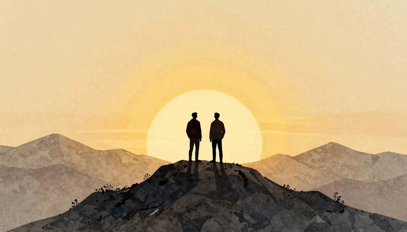 Watercolor style. Two dark silhouettes of men standing on to...