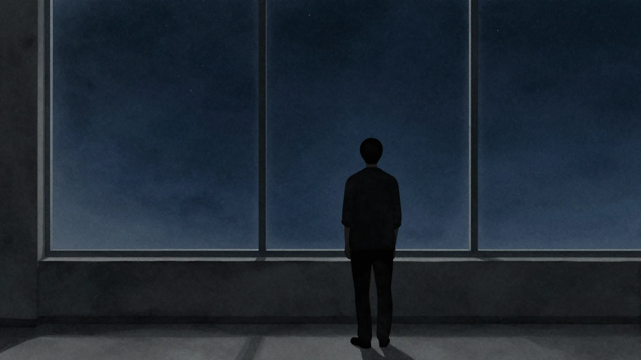 Watercolor style. A lonely silhouette of a person standing b...