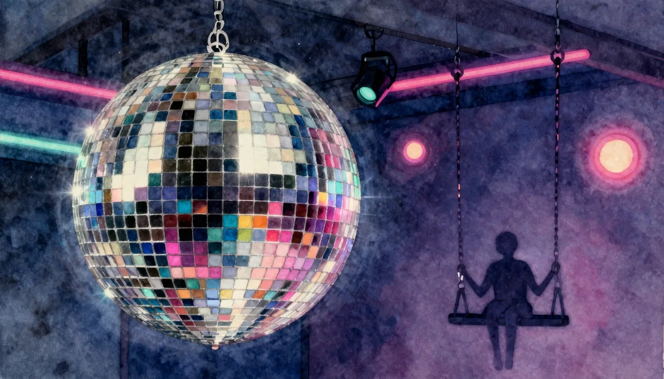 Watercolor style. Disco ball shining in a dark room, colorfu...
