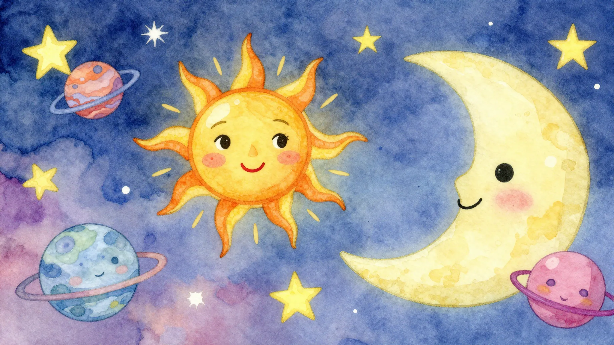 Vibrant watercolor style. Children's song album cover. Whims...