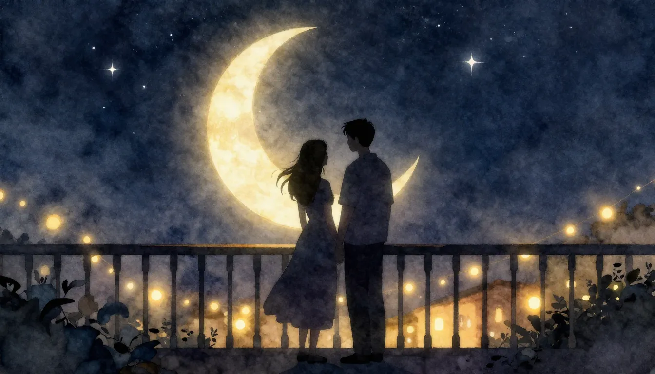 Watercolor style. A silhouette of a couple standing on a bal...