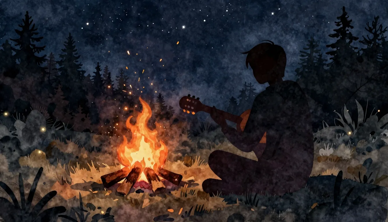 Watercolor style. A dark silhouette of a person sitting by a...
