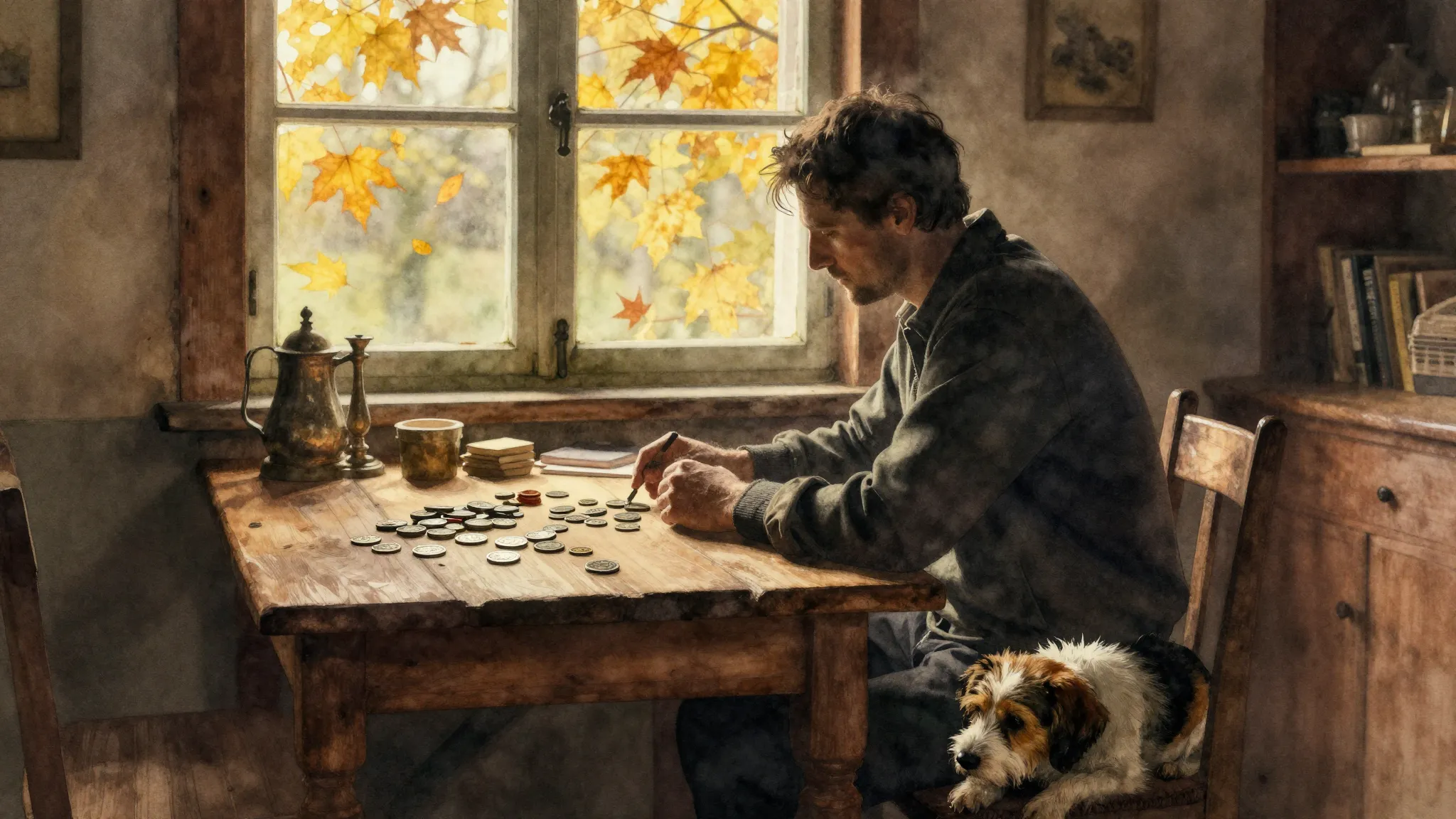 Watercolor style. A silhouette of a man sitting at a wooden ...