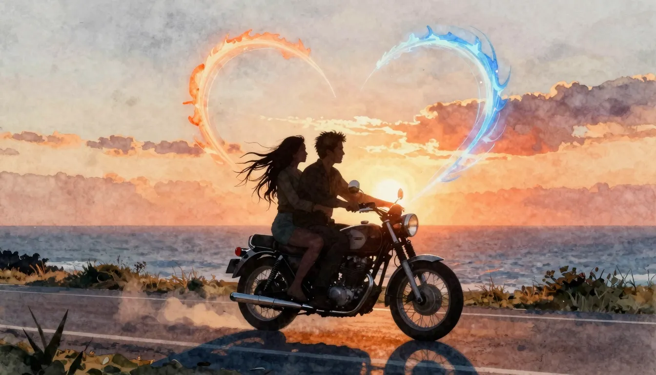 Watercolor style. Silhouette of a couple on a vintage motorc...
