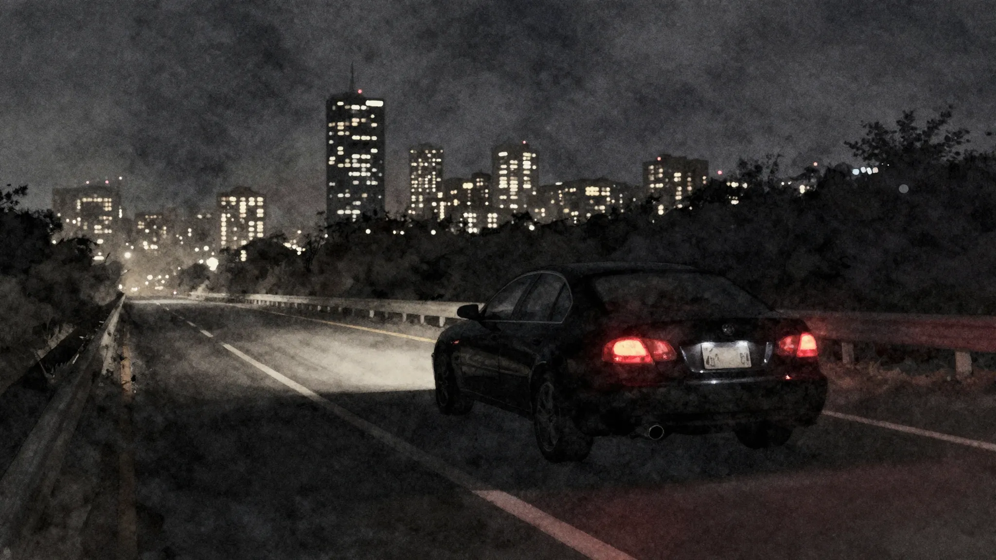 Watercolor style. Dark highway at night, silhouette of a bla...