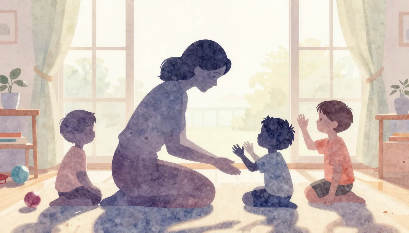Watercolor style. Silhouette of a caring woman surrounded by...