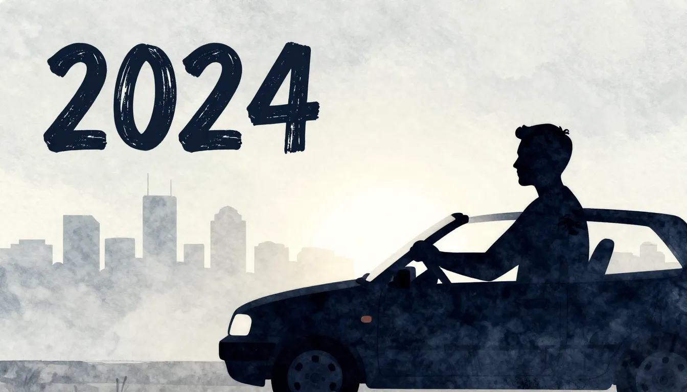 Watercolor style. Silhouette of a man driving a car towards ...