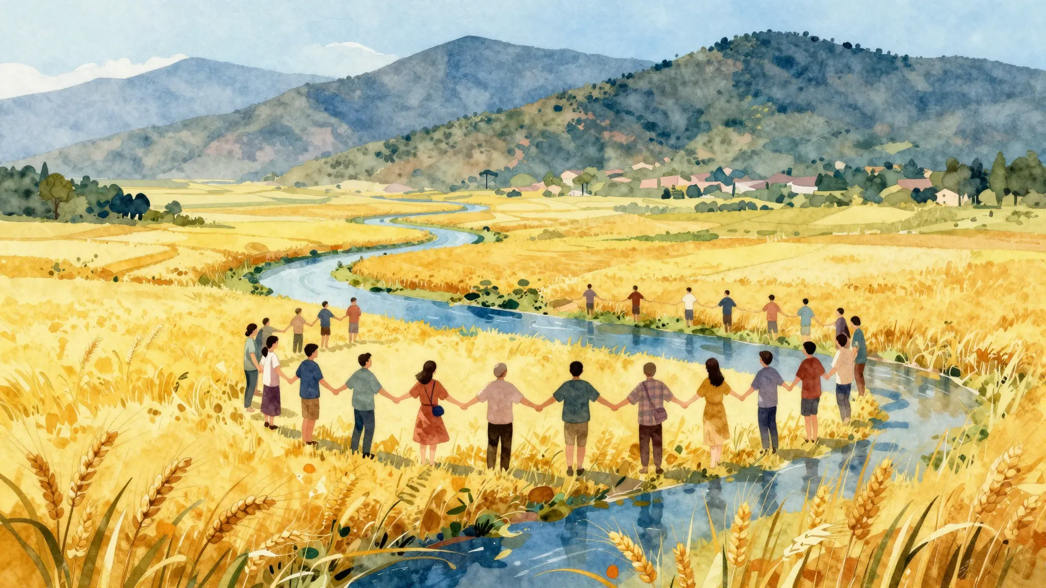 Watercolor style. Stylized artistic landscape with diverse n...