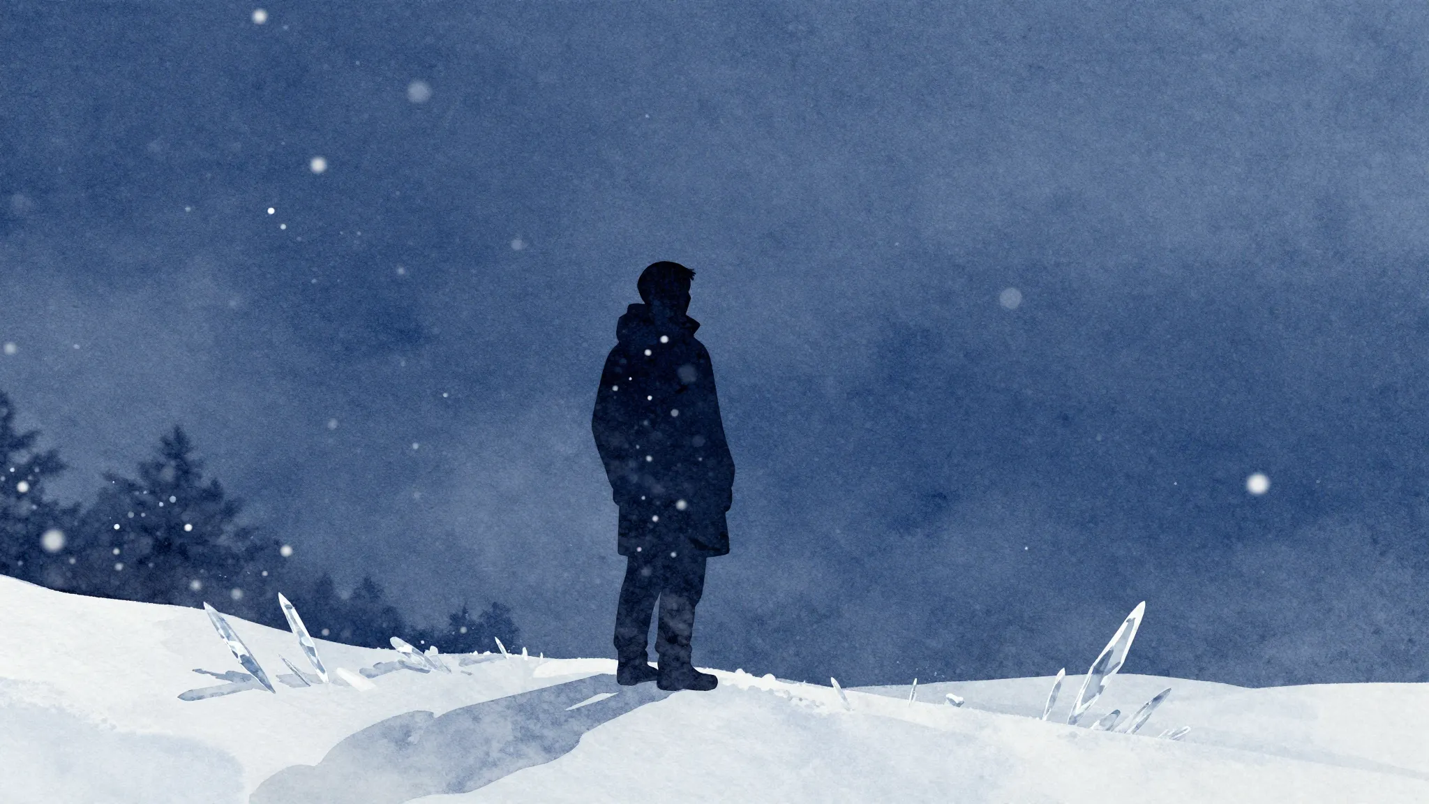 Watercolor style. A lonely silhouette standing in a blizzard...