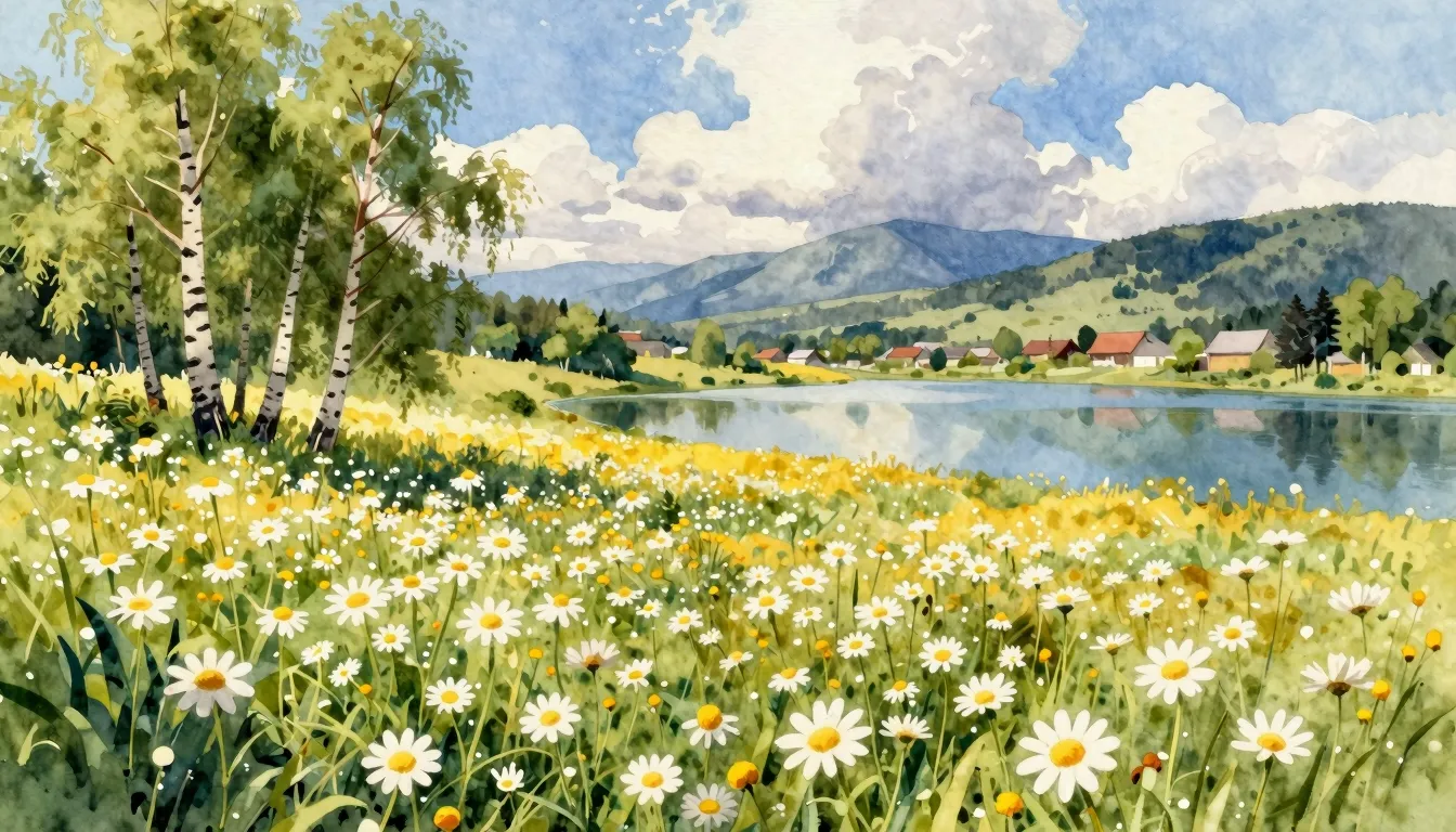 Vibrant watercolor style. A serene, picturesque landscape of...