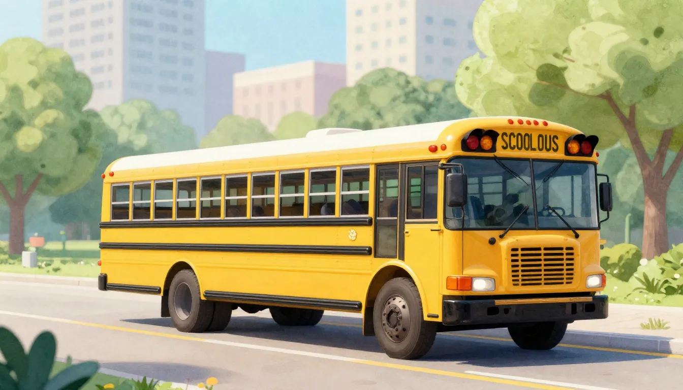 Watercolor style. A modern bright yellow school bus parked n...