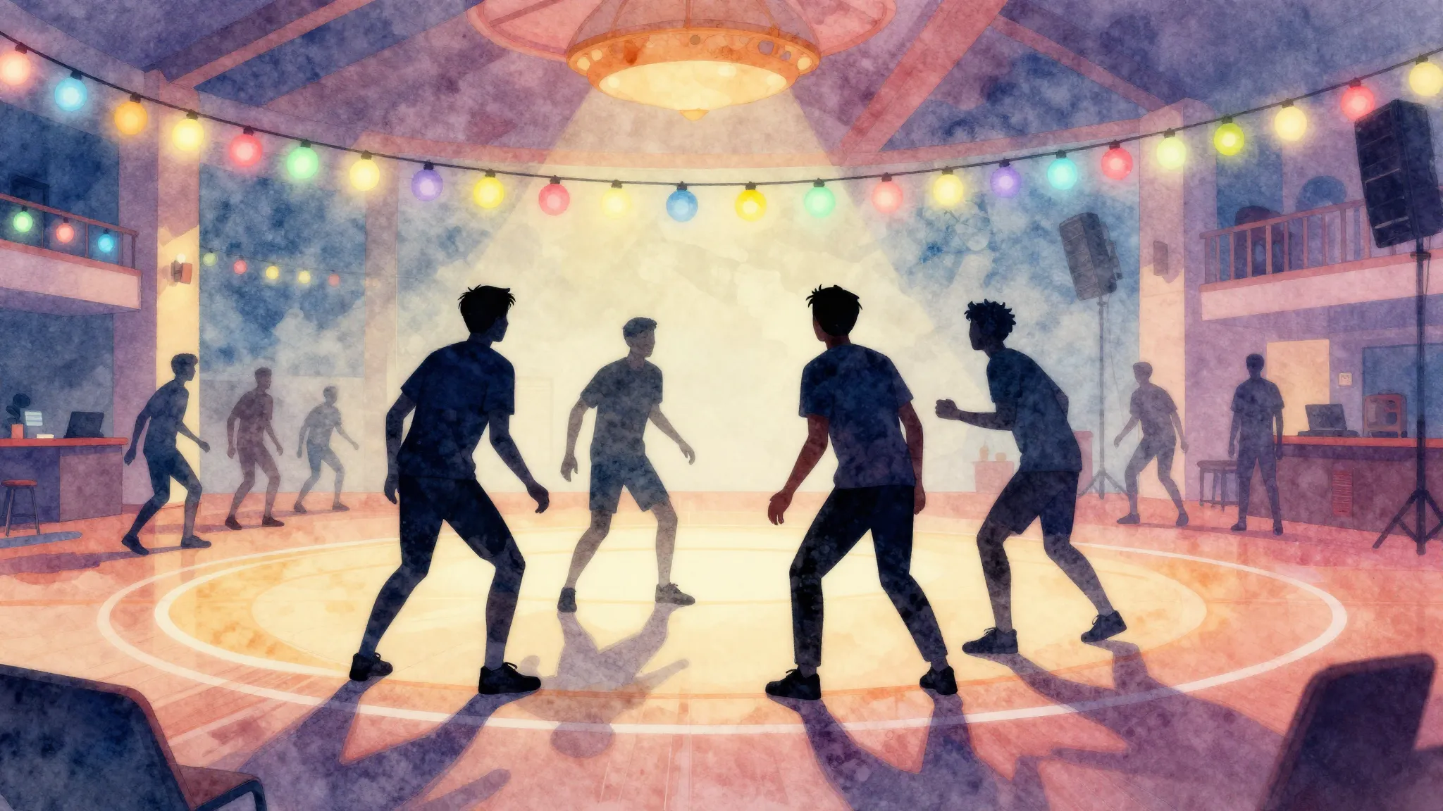 Watercolor style. A festive hall with colorful lights, four ...