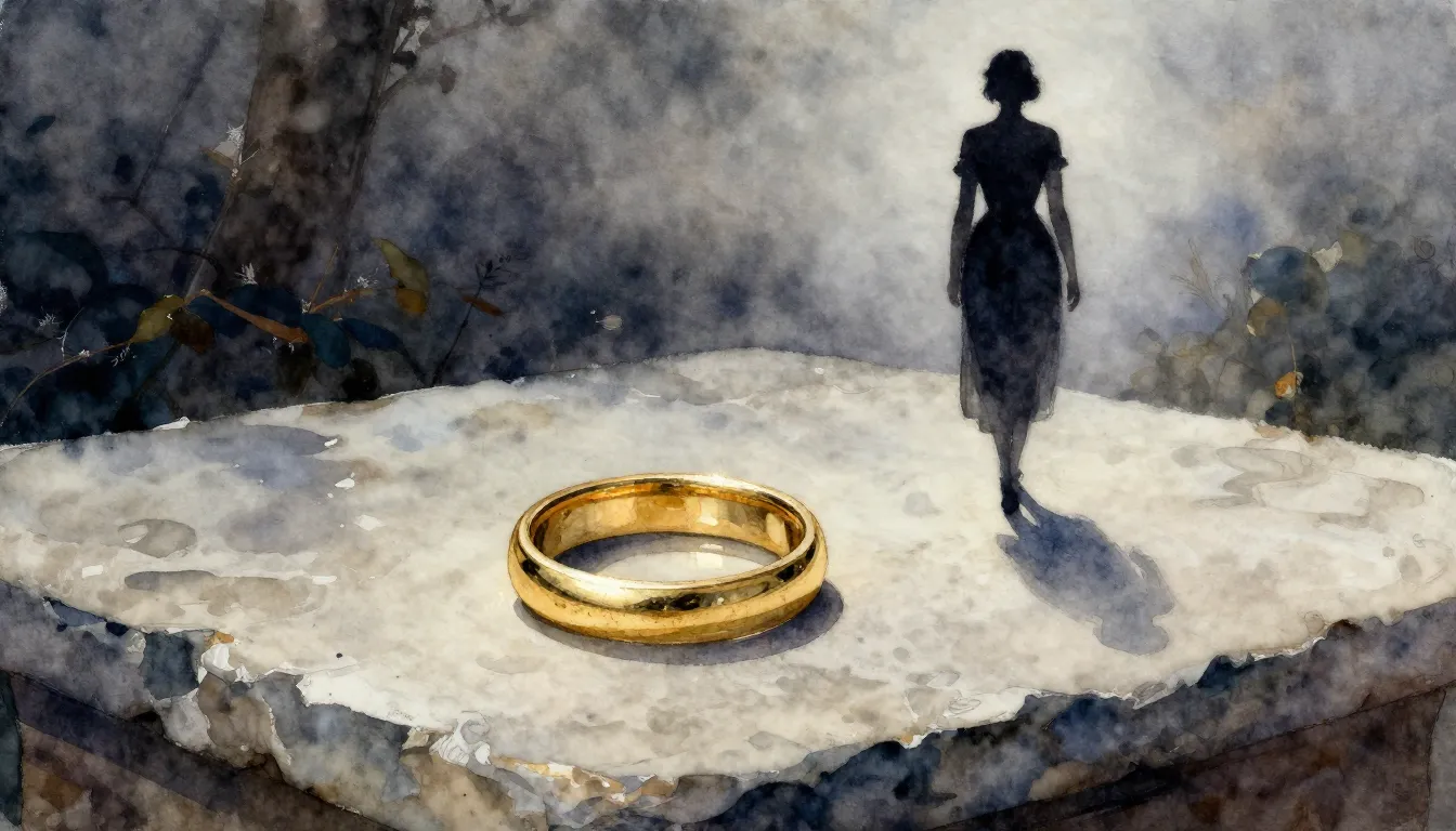 Watercolor style. A golden wedding ring lying on a cold ston...