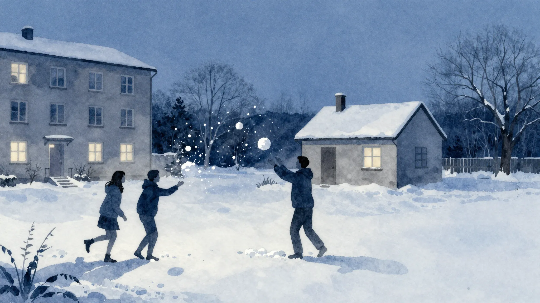 Watercolor style. Winter evening in a snowy yard, silhouette...