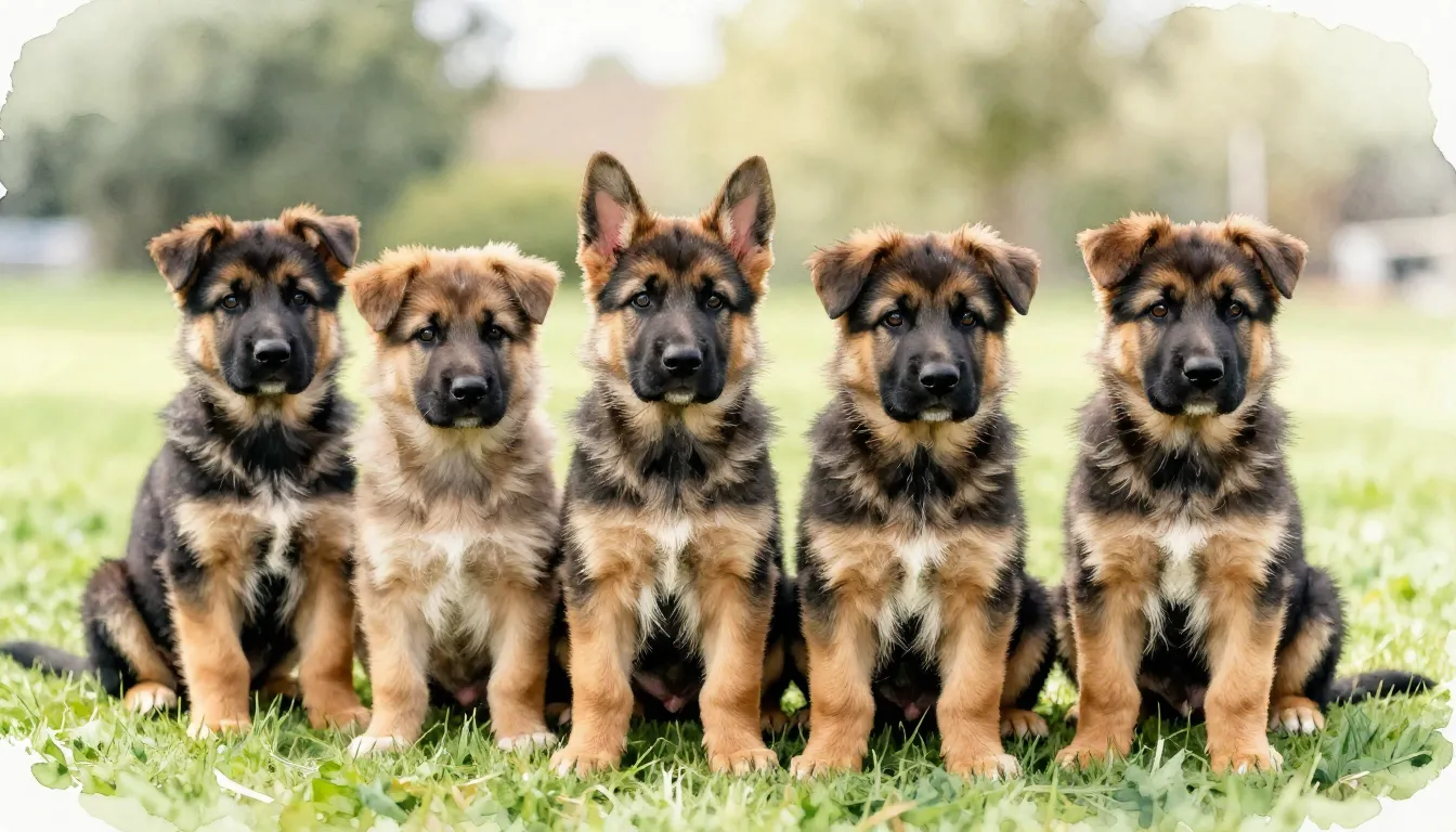 Watercolor style. A group of fluffy German Shepherd puppies ...