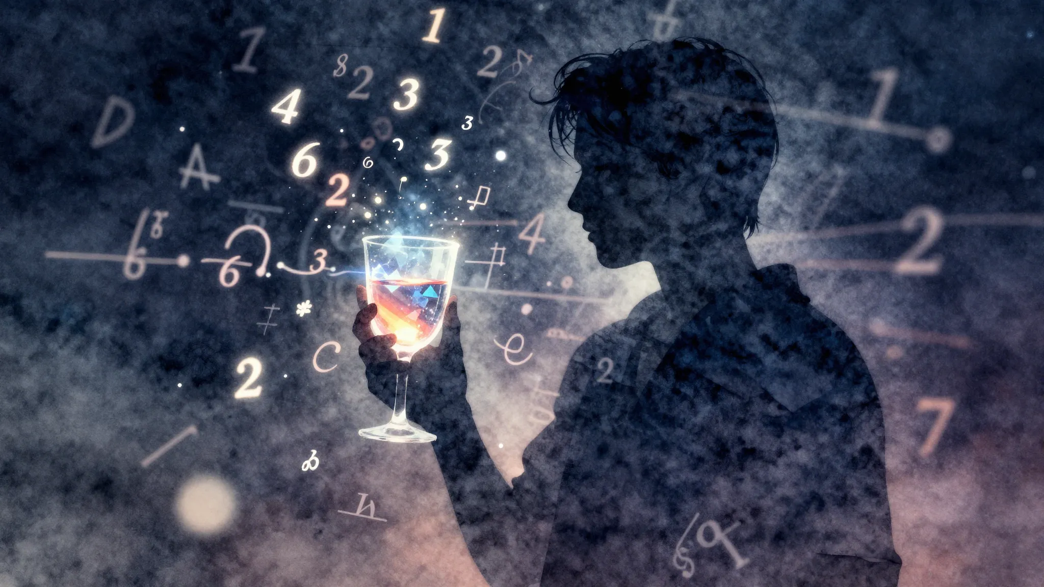 Watercolor style. A silhouette of a person holding a glass, ...