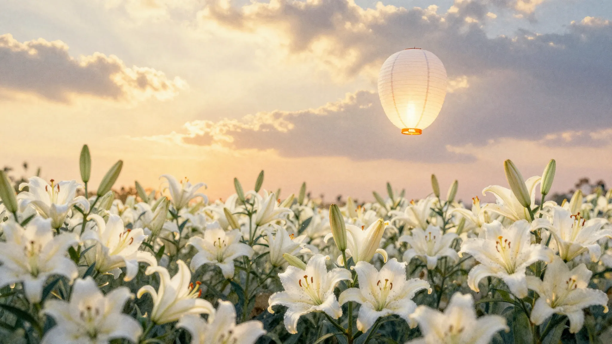 Watercolor style. A serene field of white lilies under a sof...