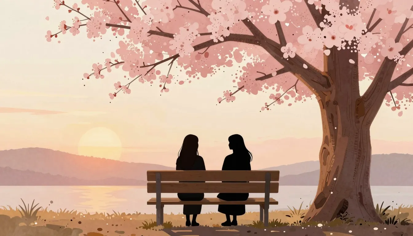 Watercolor style. Two female silhouettes sitting on a wooden...