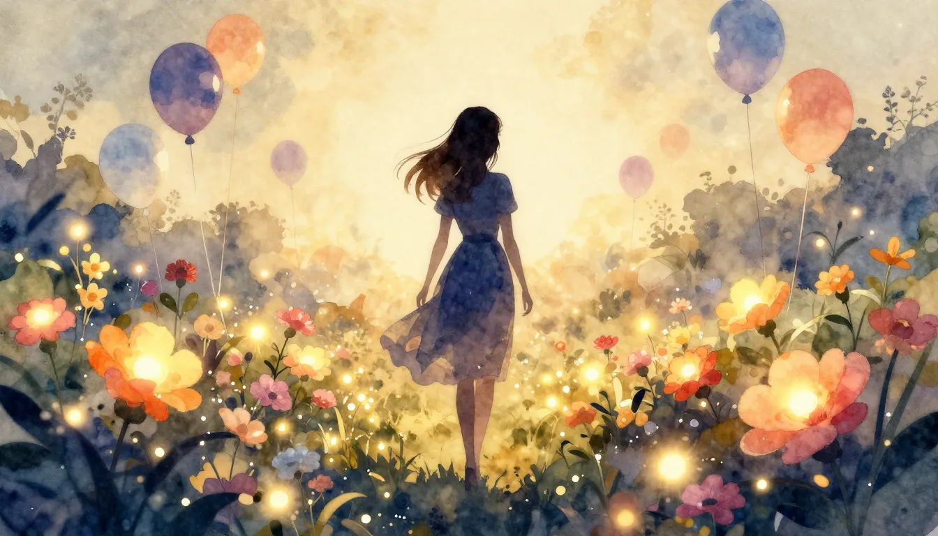 Watercolor style. A silhouette of a woman standing in a gard...