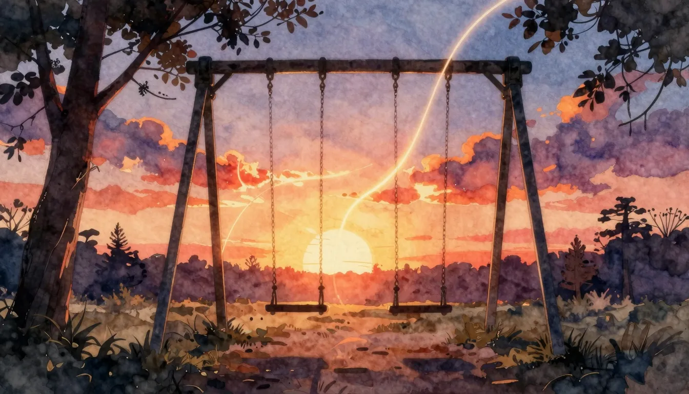 Watercolor style. Silhouette of a swing in a glowing sunset ...