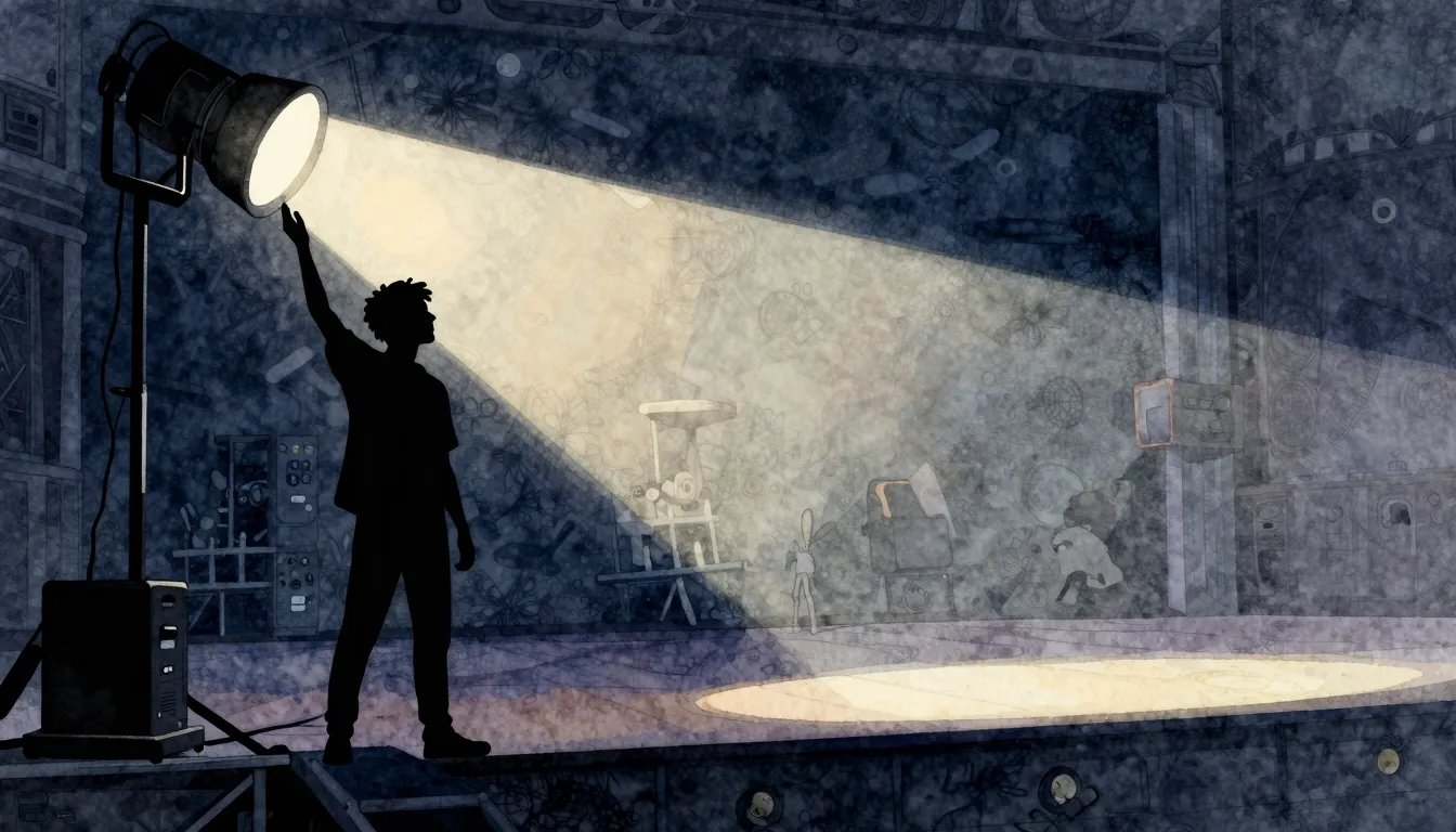 Watercolor style. Silhouette of a person adjusting a spotlig...