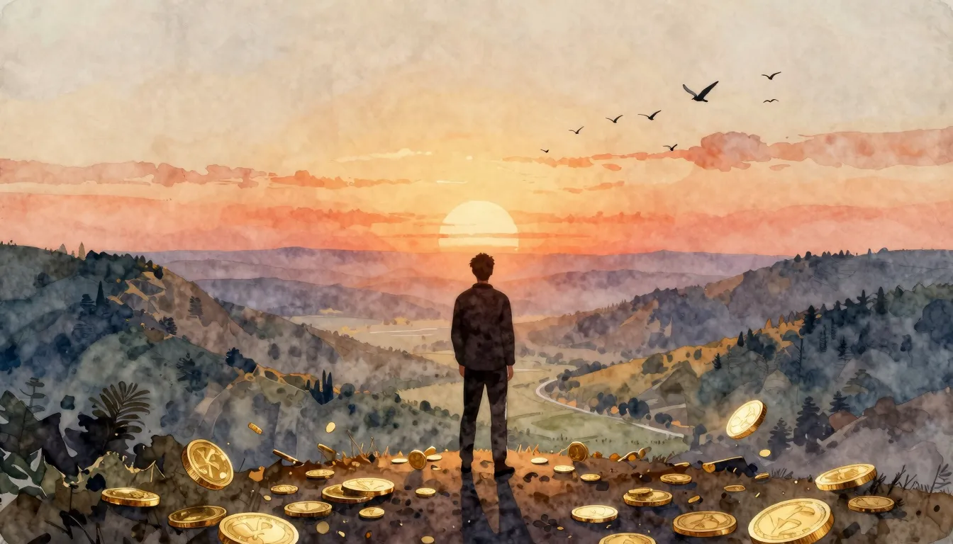Watercolor style. A silhouette of a man stands on a hill at ...