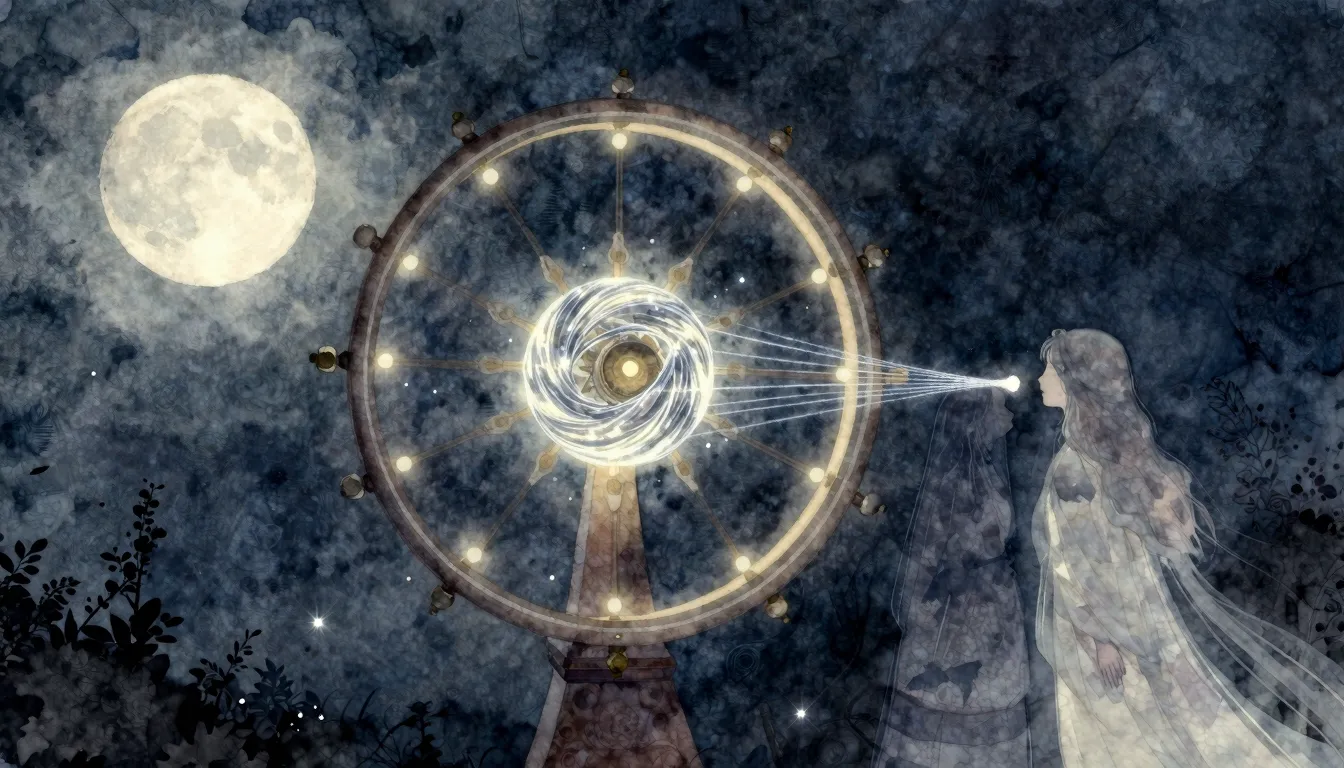Watercolor style. A mystical spinning wheel glowing in the m...