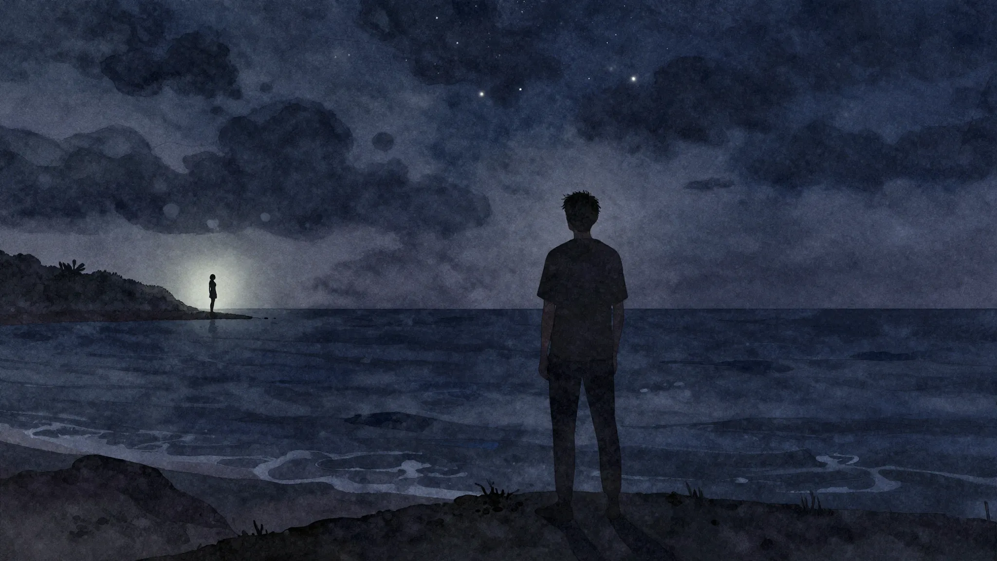 Watercolor style. A silhouette of a man standing on a shore,...