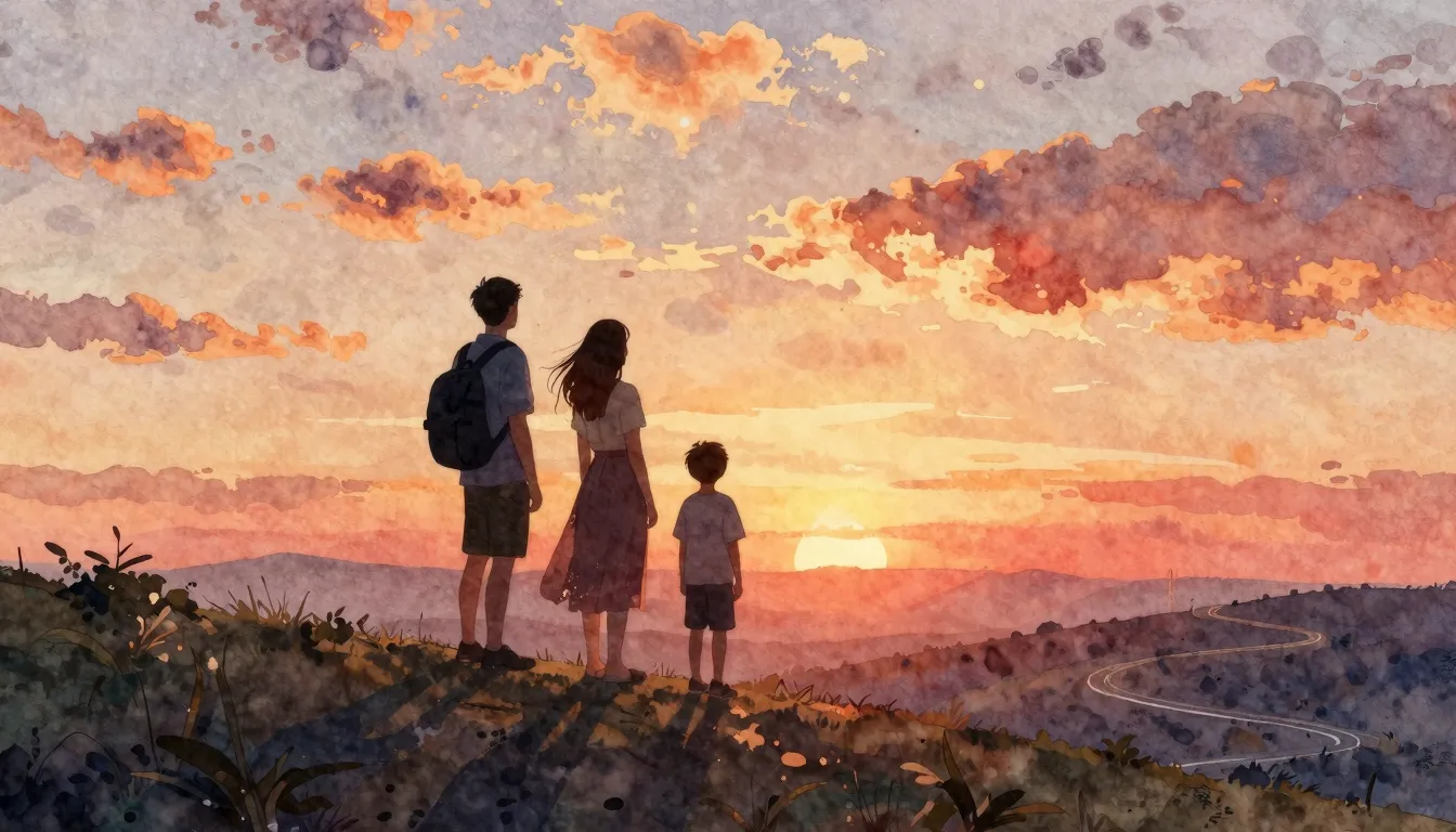 Watercolor style. A silhouette of a family of three, a man, ...