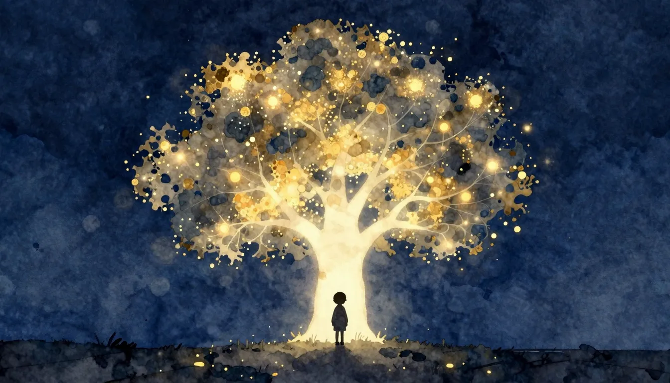 Watercolor style. A silhouette of a small child standing bef...