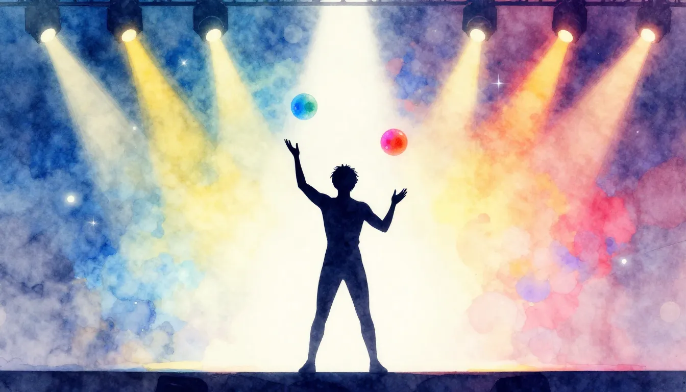 Watercolor style. Silhouette of a person juggling colorful g...